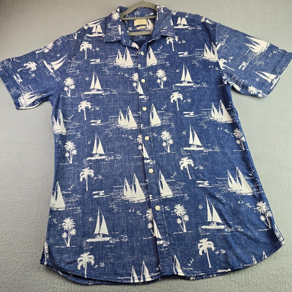 Homme Heritage XL Blue White Sailboat Hawaiian Camp Shirt Tropical Nautical
